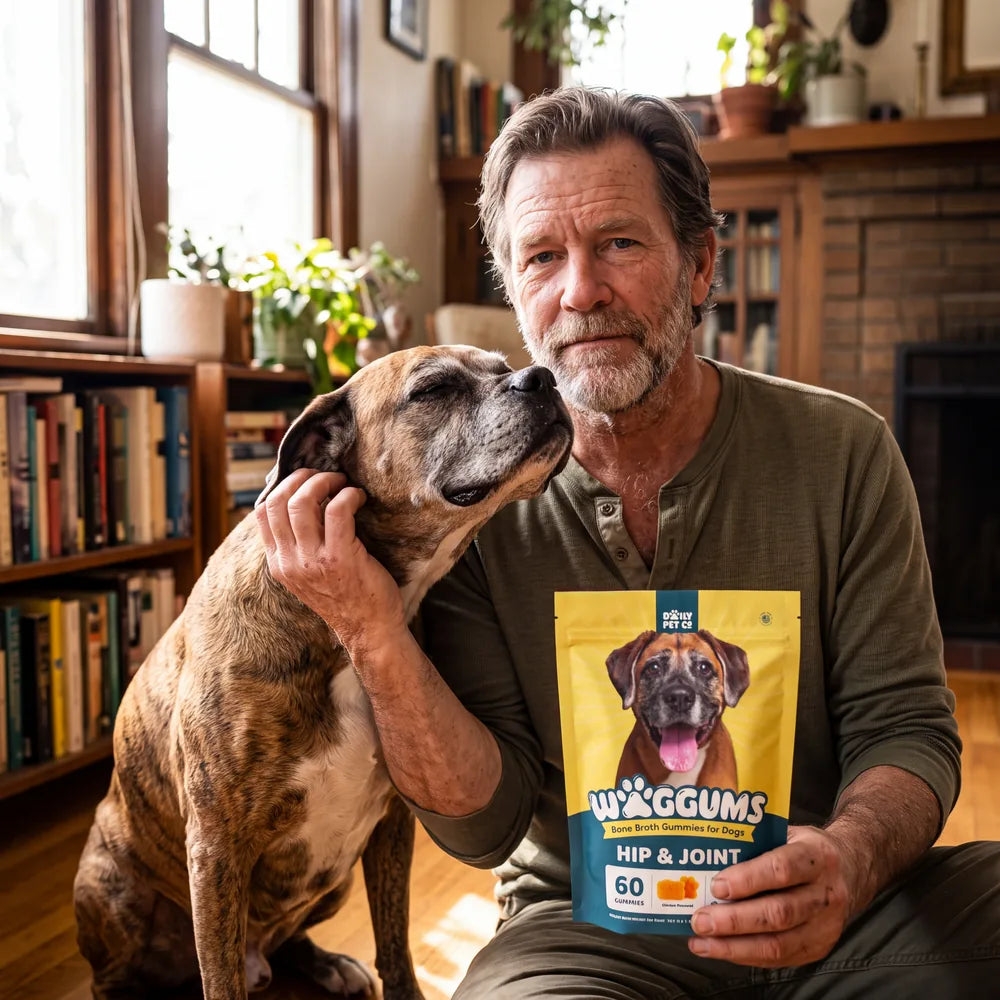 A man hugs his boxer, holding a bag of Waggums Hip & Joint