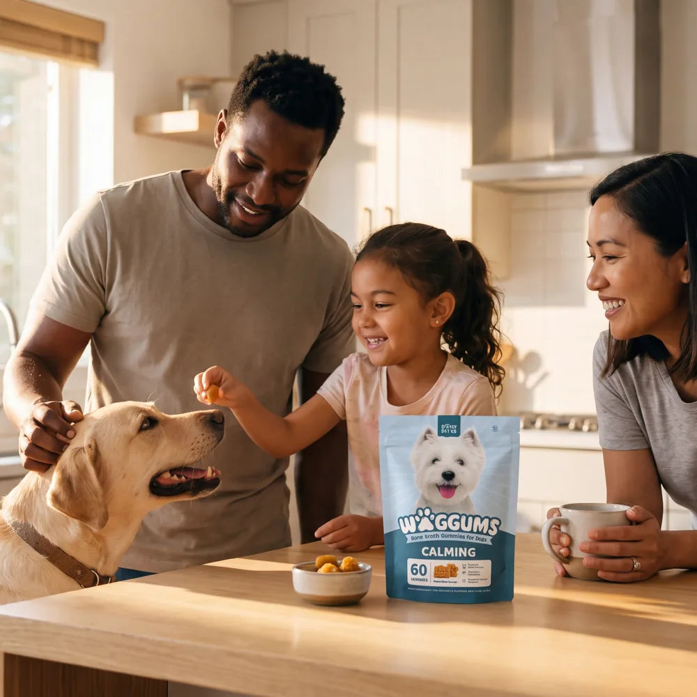A family shares Waggums Calming gummies with their dog in the kitchen