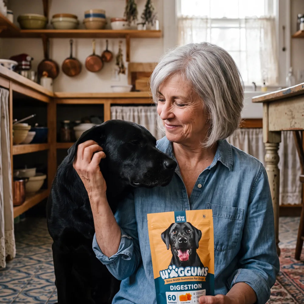 A woman cuddles her black Lab, holding a bag of Waggums Digestion