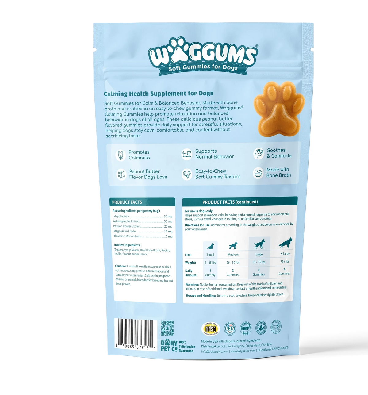 Waggums Calming Soft Gummies for Dogs, pouch back
