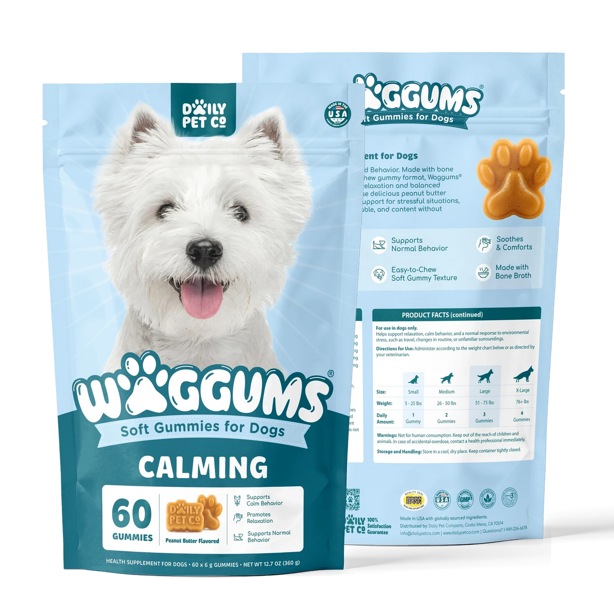 Waggums Calming Soft Gummies for Dogs, pouch front and back