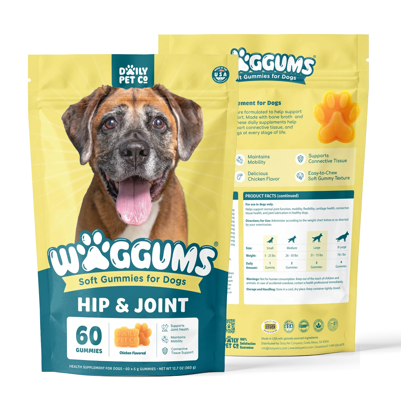 Waggums Hip & Joint Soft Gummies for Dogs, pouch front and back