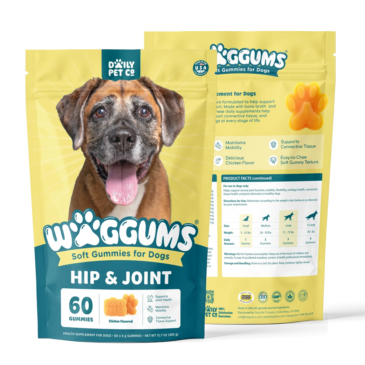 Waggums Hip & Joint Soft Gummies for Dogs, pouch front and back