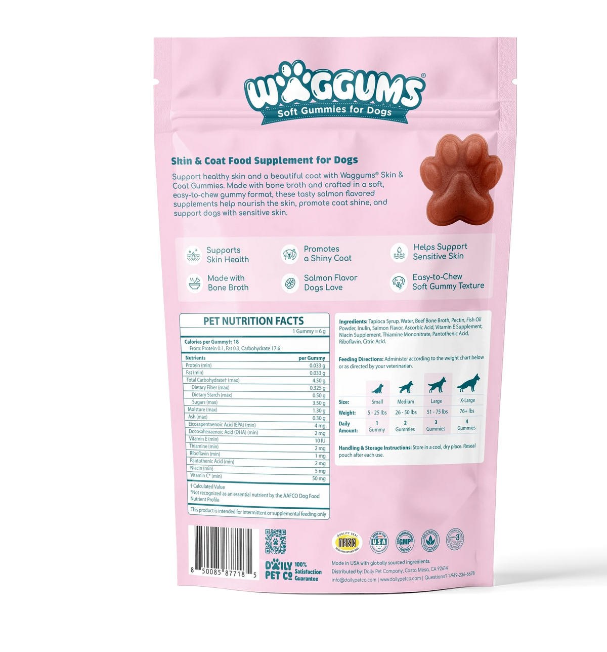 Waggums Skin & Coat Soft Gummies for Dogs, pouch back