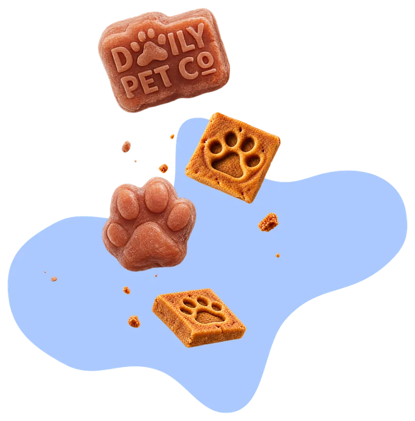 Daily Pet Co. soft chews and gummies falling onto a blue splash